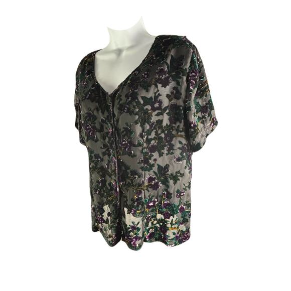 Burnout Velvet Vintage 90s Short Sleeve Button Front Blouse - Picture 1 of 10